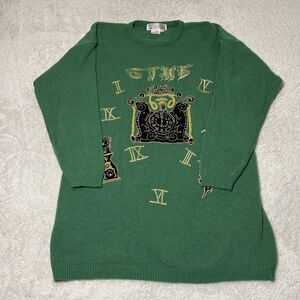 Vintage 80s Sweater XL LambsWool Sequins Beaded Embroidered Clock Vi Vien Forest